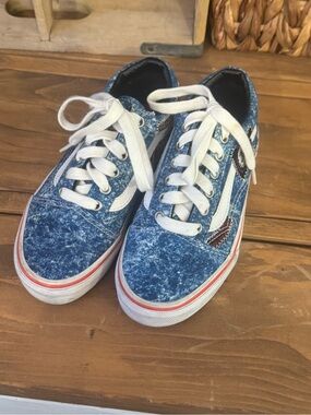 Vans Kids Blue Acid-Wash Canvas Lace-Up Sneakers with White Stripe. Cobra Kai